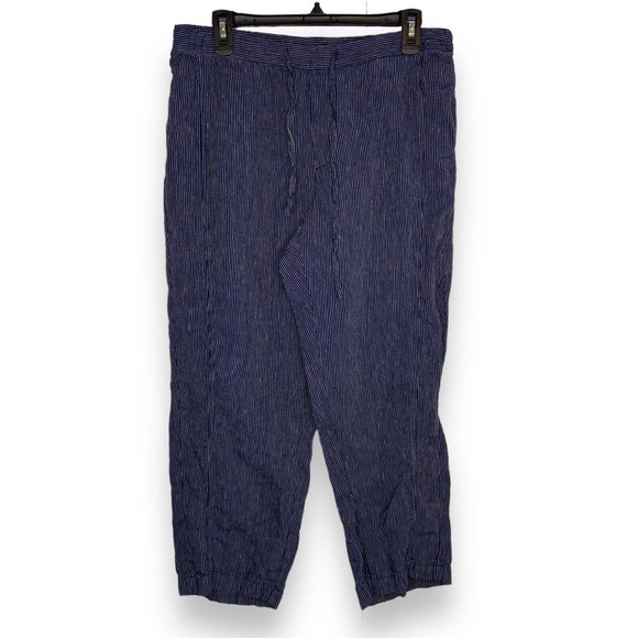 Coldwater Creek Women’s Striped Linen Pants Petite Medium Blue Drawstring Pocket - Picture 1 of 10